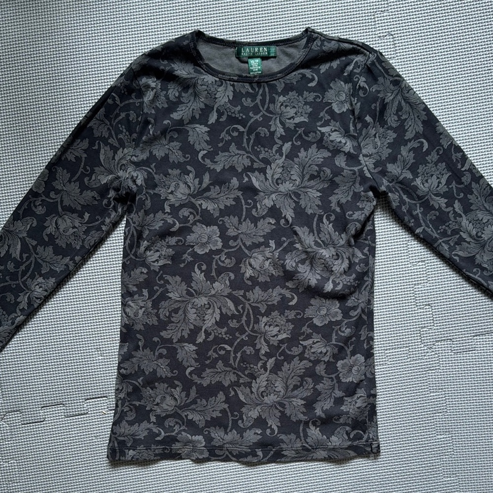 Ralph Lauren Black and Gray Floral Gothic Cotton Long Sleeve Round Neck Top